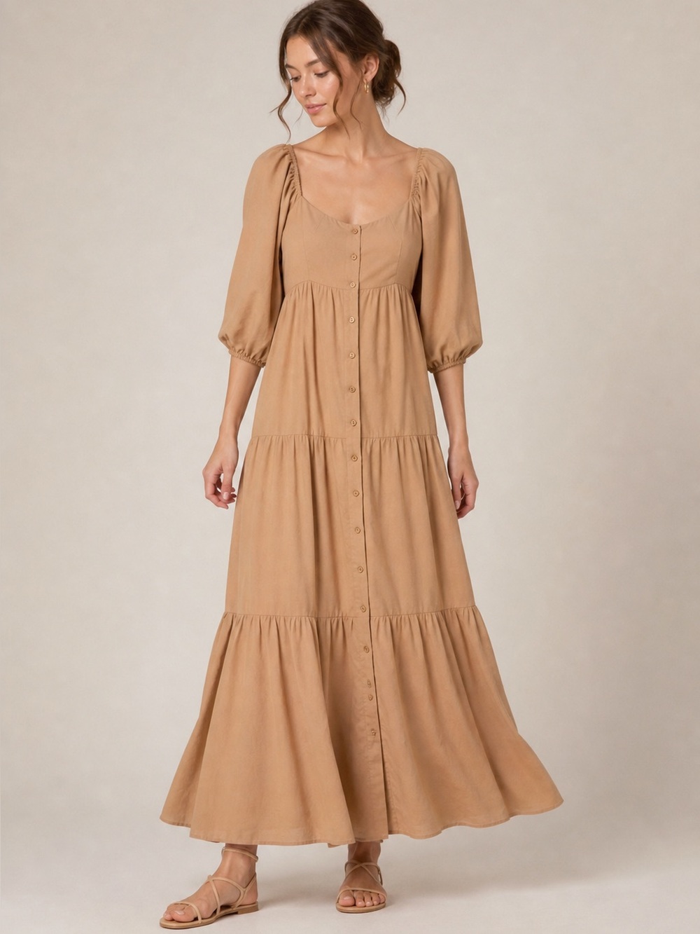 On You Tan Puff Sleeve Button Front Maxi Dress